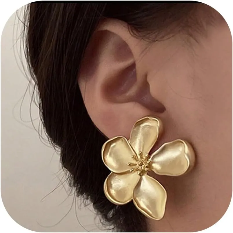 Gold Clip On Earrings for Women Trendy Non Piercing Flower Dangle Earrings Floral Earring 14K Gold Plated Lightweight Earrings for Non-Pierced Ears Fake Earrings Set
