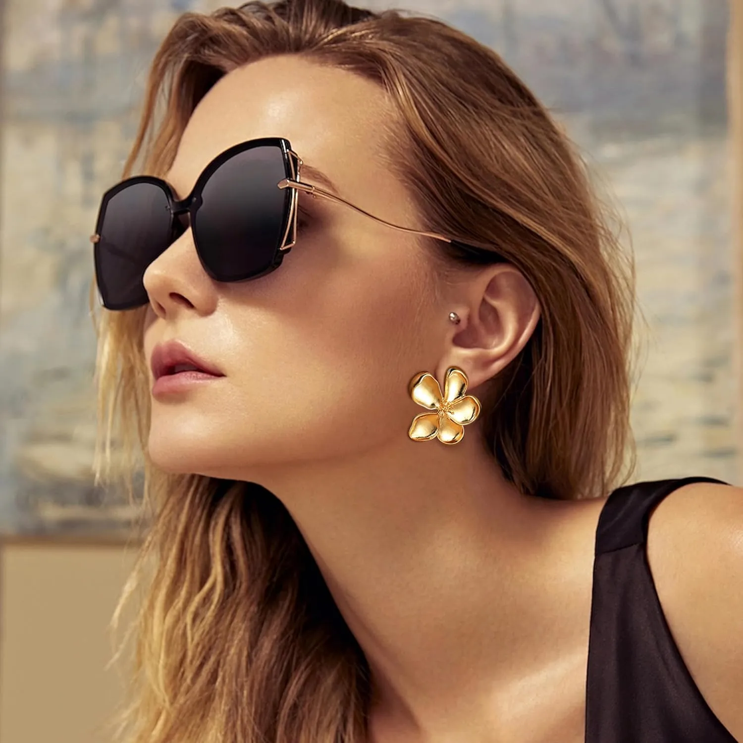 Gold Clip On Earrings for Women Trendy Non Piercing Flower Dangle Earrings Floral Earring 14K Gold Plated Lightweight Earrings for Non-Pierced Ears Fake Earrings Set