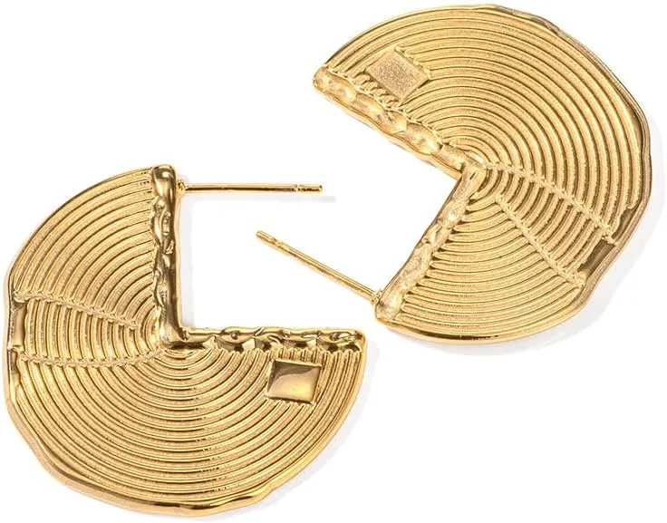 Gold Dangle Earrings for Women, Geometric Irregular Earrings Ribbed Scalloped Earrings Big Disc Round Drop Earrings, 18K Gold Minimalist Stripes Earrings Gift