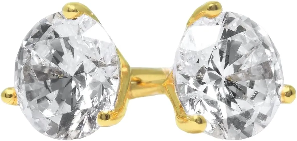 Gold Diamond Studs, 3 Ct Round Martini Created Diamond, Solid Gold Earrings, Real Solid 14K 18K Yellow Gold Basket, Screw Back Earrings