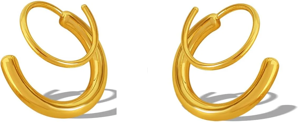 Gold Double Layered Spiral Dangle Hoop Earrings, Minimalist Pierced Statement Earrings, Geometric Accessories Jewelry Gifts for Women