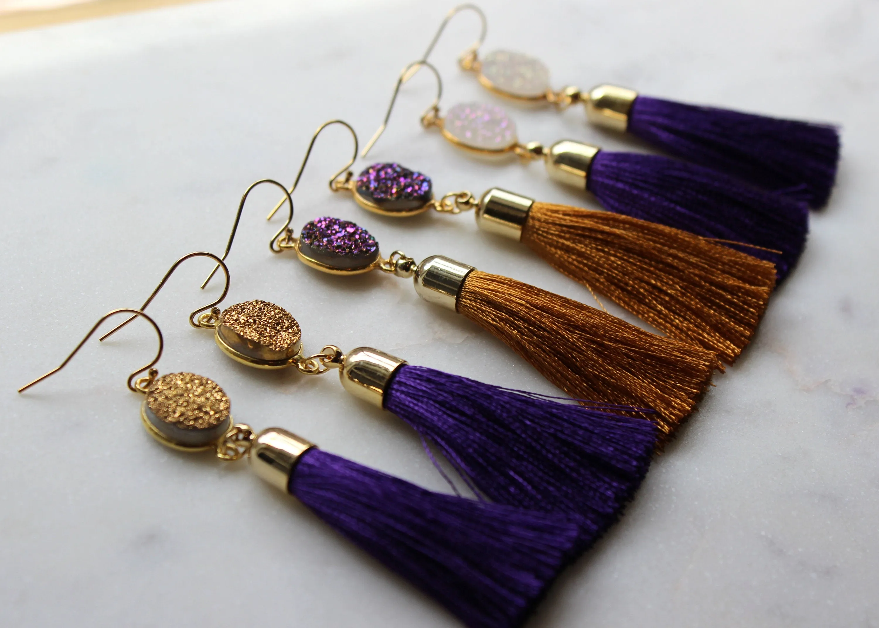 Gold Druzy Earrings, Tassel Earrings, Drusy Earrings, White Druzy Earrings, Gold Druzy Jewelry, Druzy Tassel Earrings, Statement Earrings