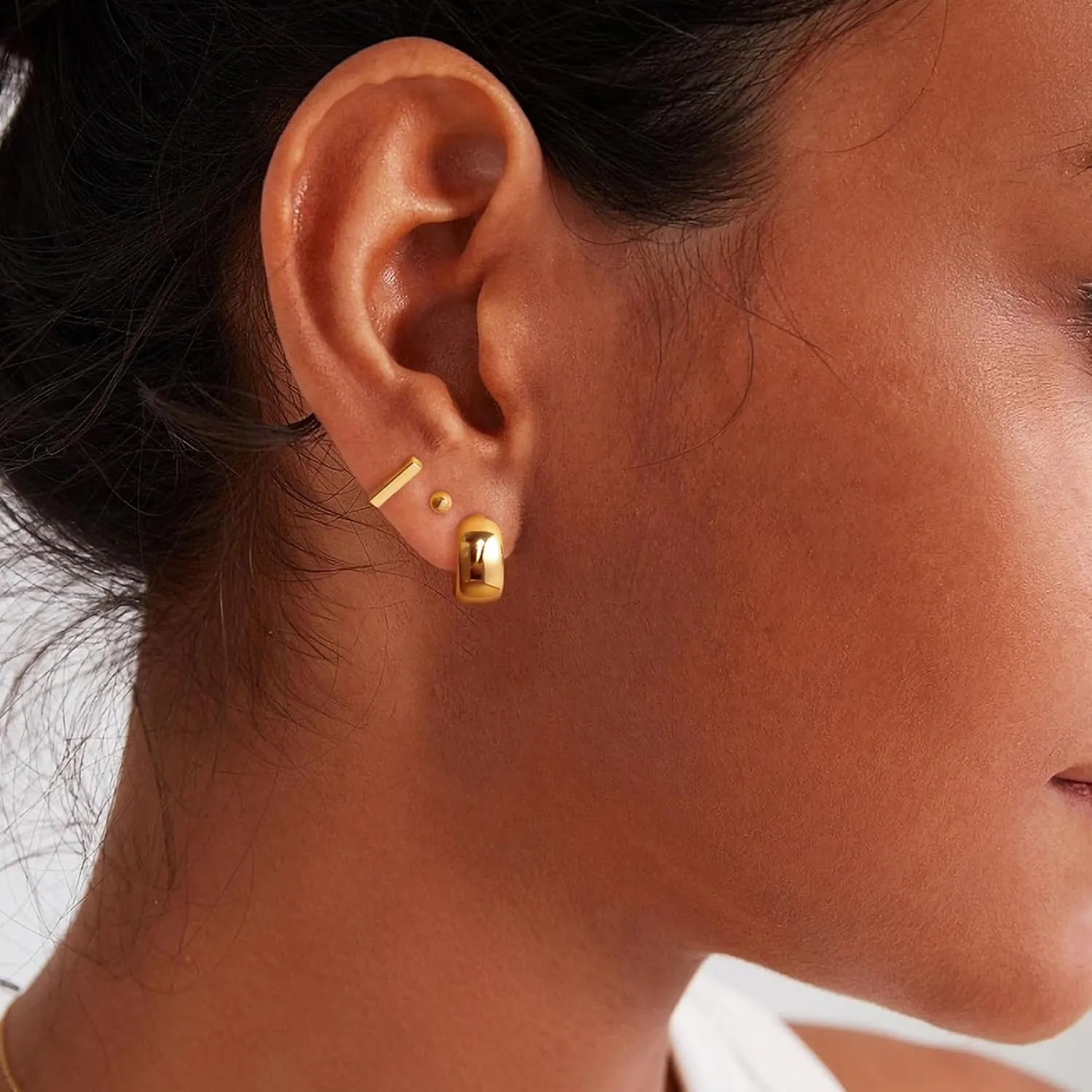 Gold Earrings for Women, 3 Pairs 14K Gold Plated Hypoallergenic Chunky Cartilage Hoop Earrings Set for Women Trendy, Dainty CZ Cute Stud Earring Huggie Stacks Gold Fashion Jewelry Gifts for Her