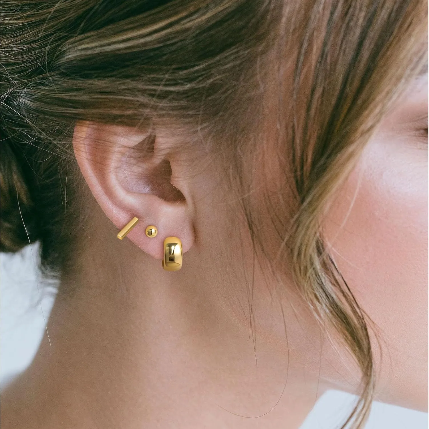 Gold Earrings for Women, 3 Pairs 14K Gold Plated Hypoallergenic Chunky Cartilage Hoop Earrings Set for Women Trendy, Dainty CZ Cute Stud Earring Huggie Stacks Gold Fashion Jewelry Gifts for Her