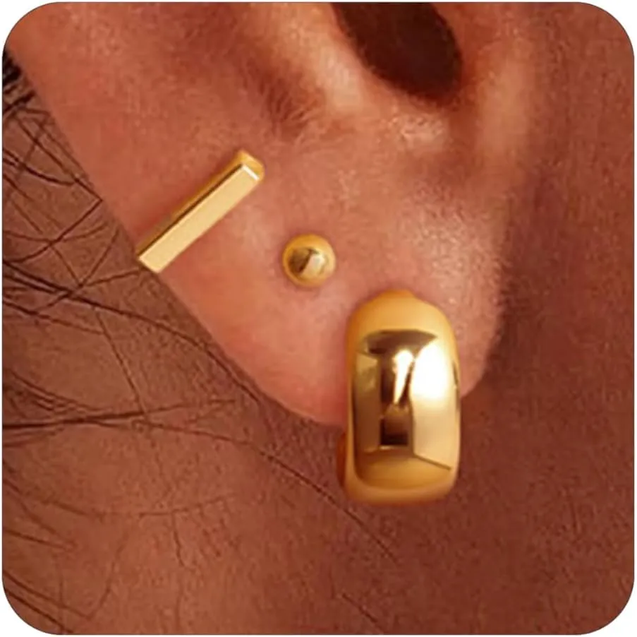 Gold Earrings for Women, 3 Pairs 14K Gold Plated Hypoallergenic Chunky Cartilage Hoop Earrings Set for Women Trendy, Dainty CZ Cute Stud Earring Huggie Stacks Gold Fashion Jewelry Gifts for Her