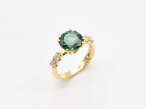 Gold Emerald Ring - Green Round Ring - VIntage Engagement Ring