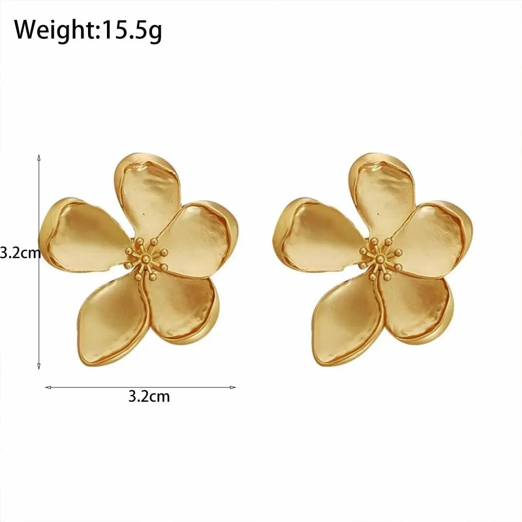 Gold Flower Statement Stud Earrings for Women Trendy Sweet Large Floral Drop Dangle Earrings Minimalist Blooming Petal Earrings Birthday Jewelry Gift