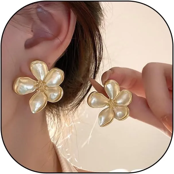 Gold Flower Statement Stud Earrings for Women Trendy Sweet Large Floral Drop Dangle Earrings Minimalist Blooming Petal Earrings Birthday Jewelry Gift