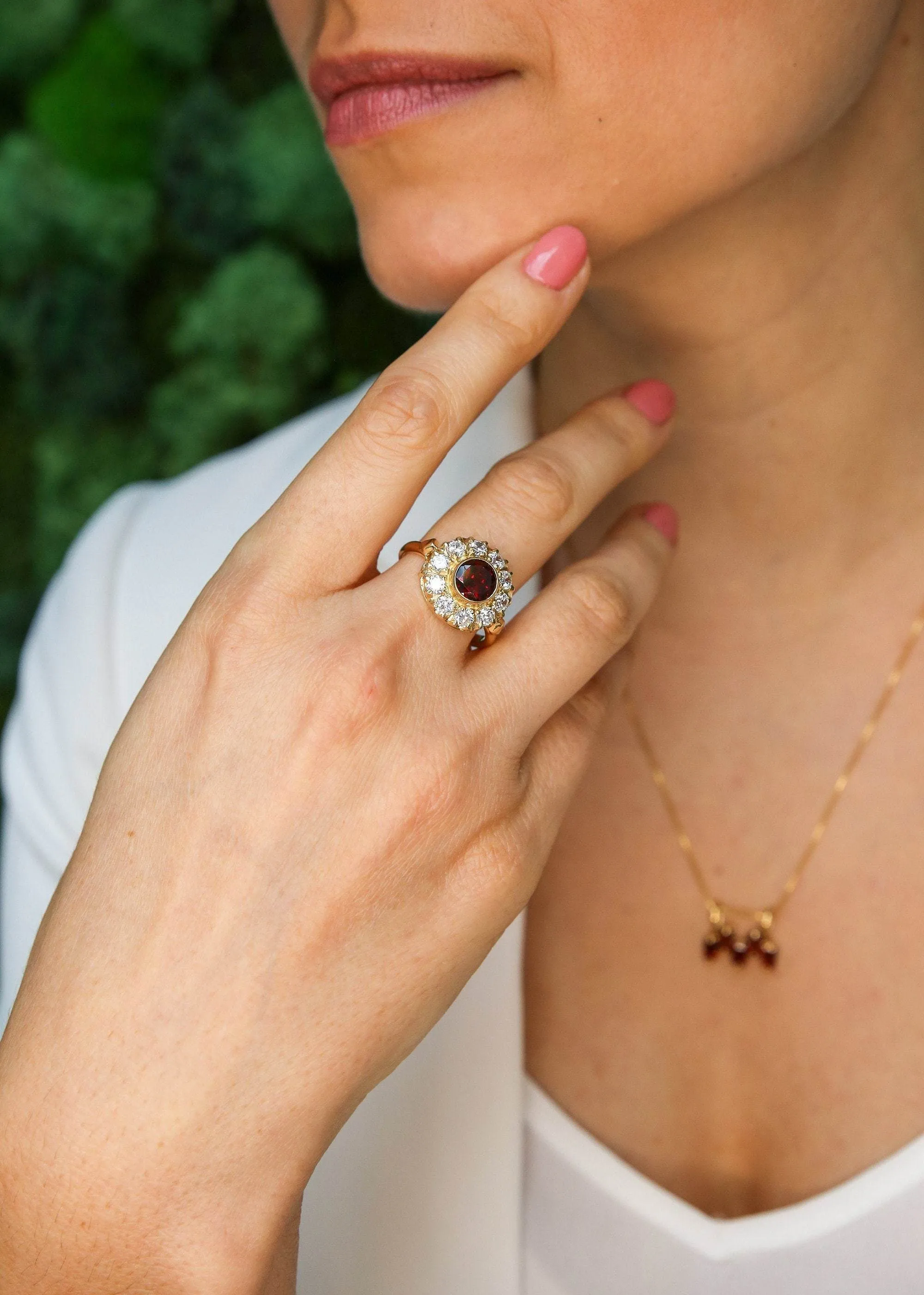 Gold Garnet Ring - Garnet Flower Ring - Red Vintage Ring