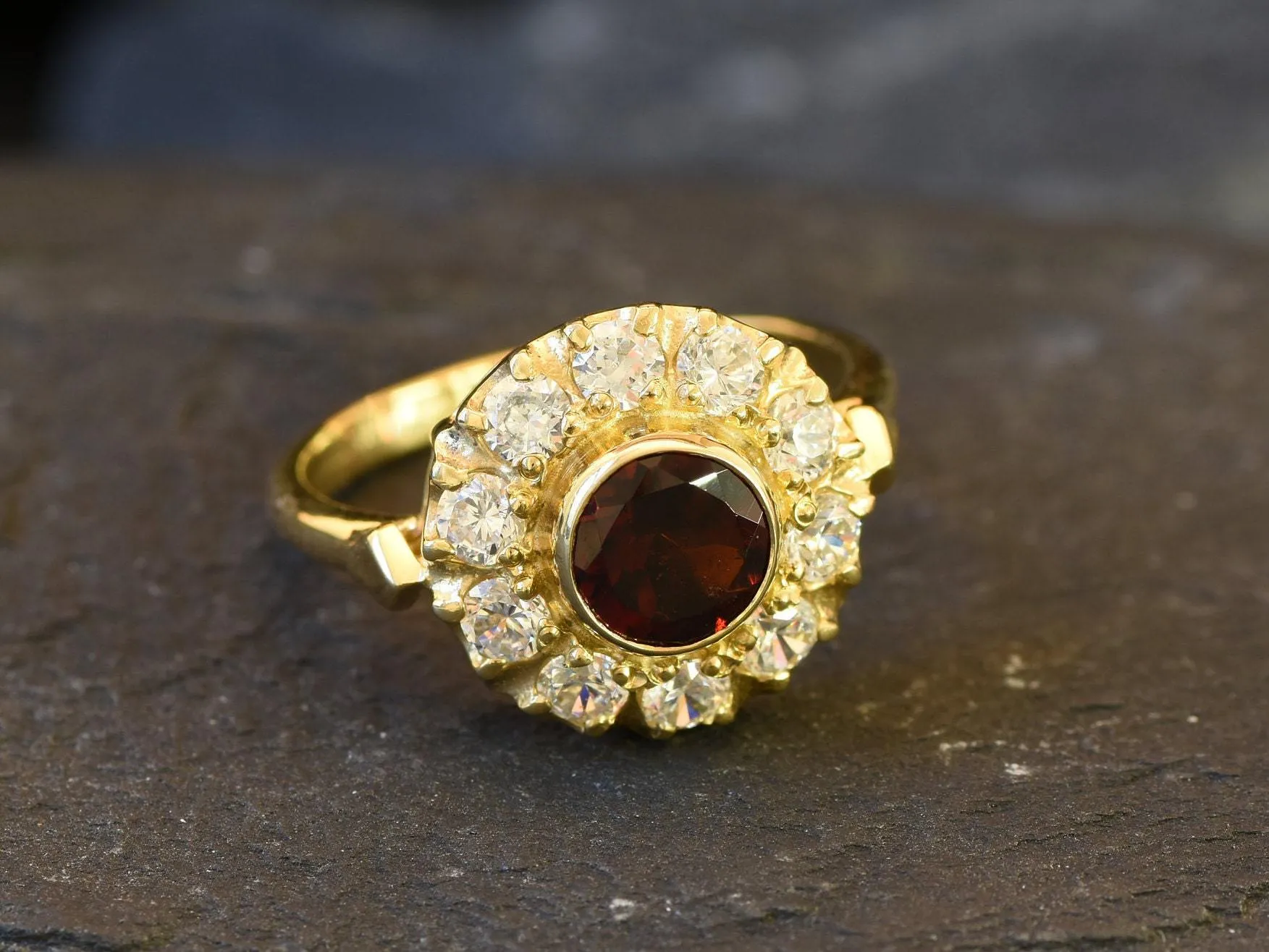 Gold Garnet Ring - Garnet Flower Ring - Red Vintage Ring