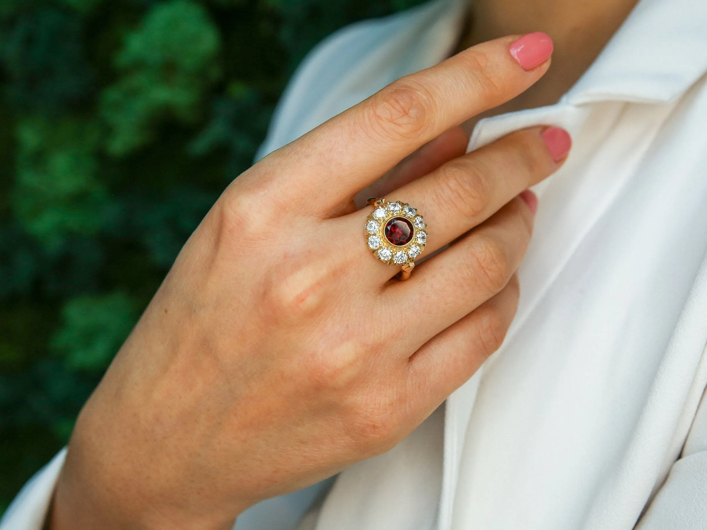 Gold Garnet Ring - Garnet Flower Ring - Red Vintage Ring