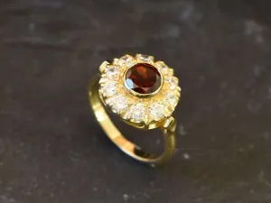 Gold Garnet Ring - Garnet Flower Ring - Red Vintage Ring