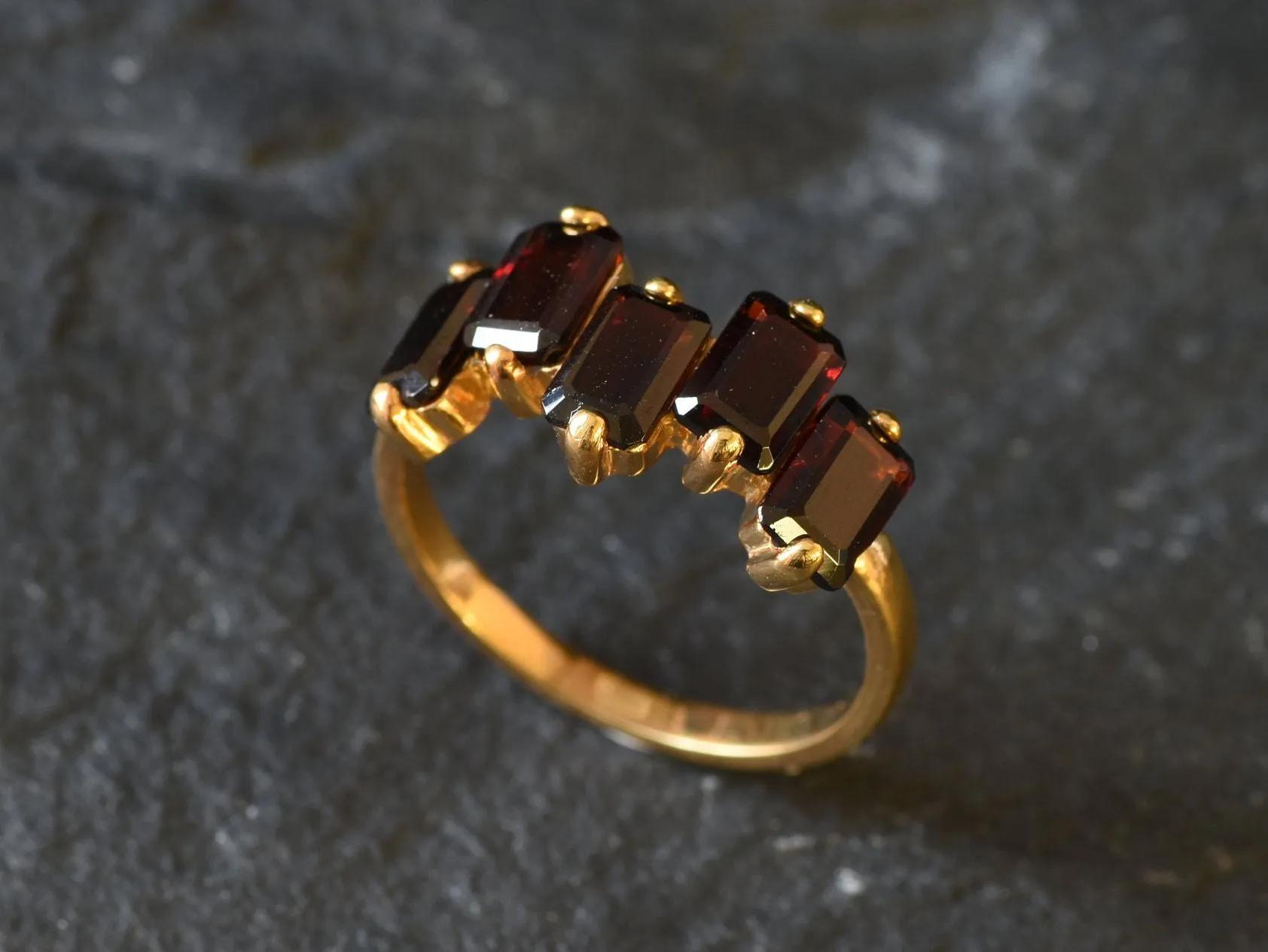 Gold Garnet Ring - Red Baguette Band - Real Garnet Ring