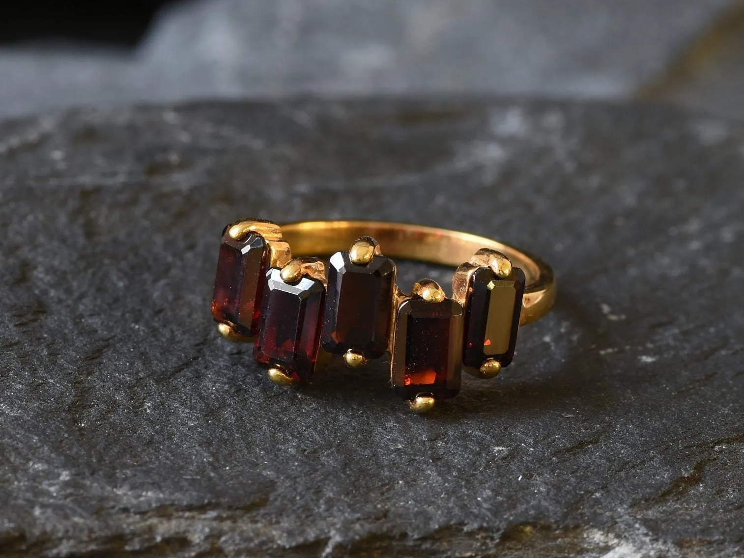 Gold Garnet Ring - Red Baguette Band - Real Garnet Ring