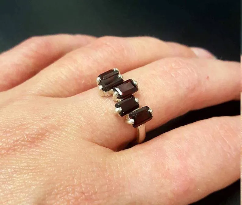 Gold Garnet Ring - Red Baguette Band - Real Garnet Ring