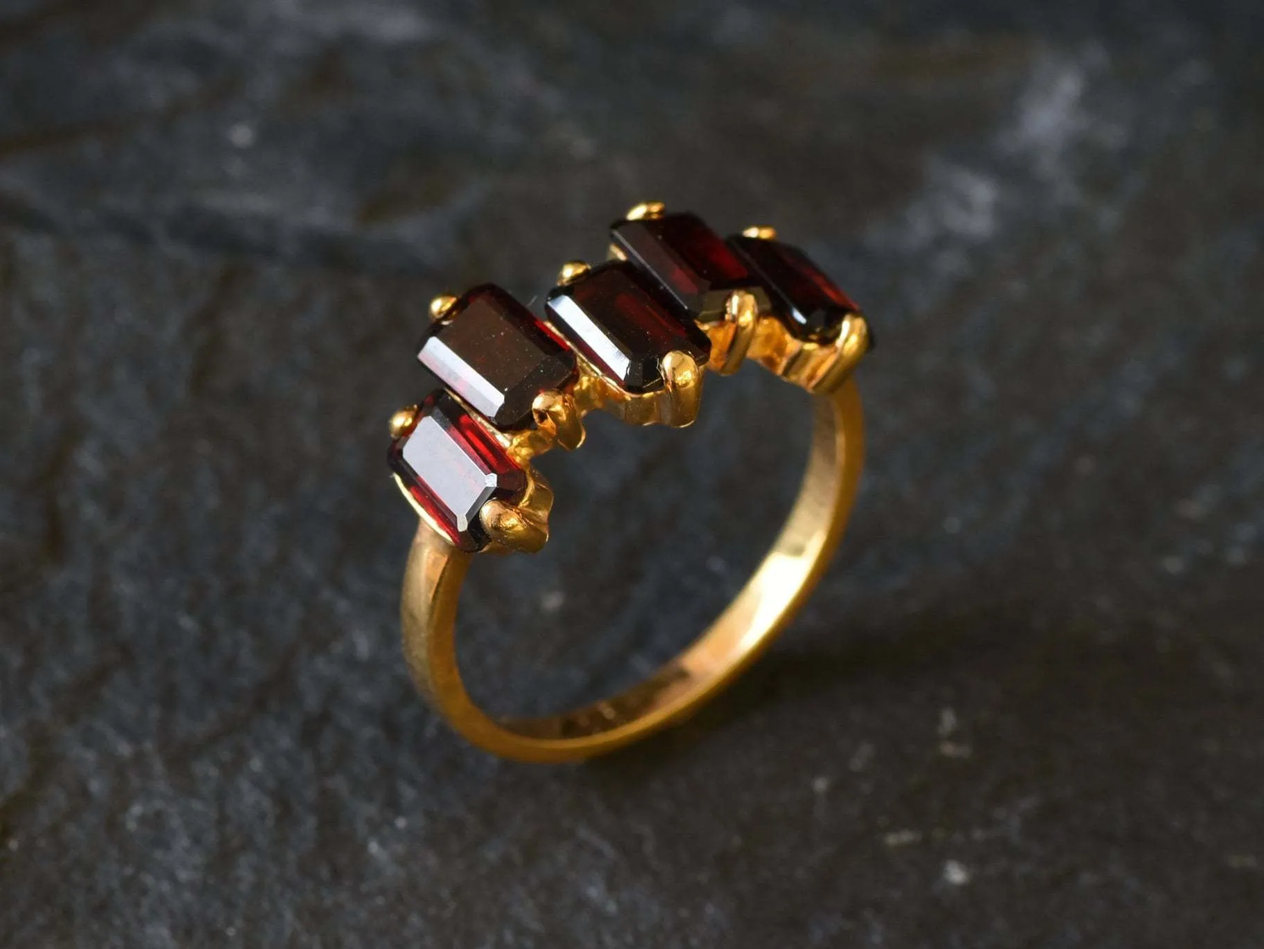 Gold Garnet Ring - Red Baguette Band - Real Garnet Ring
