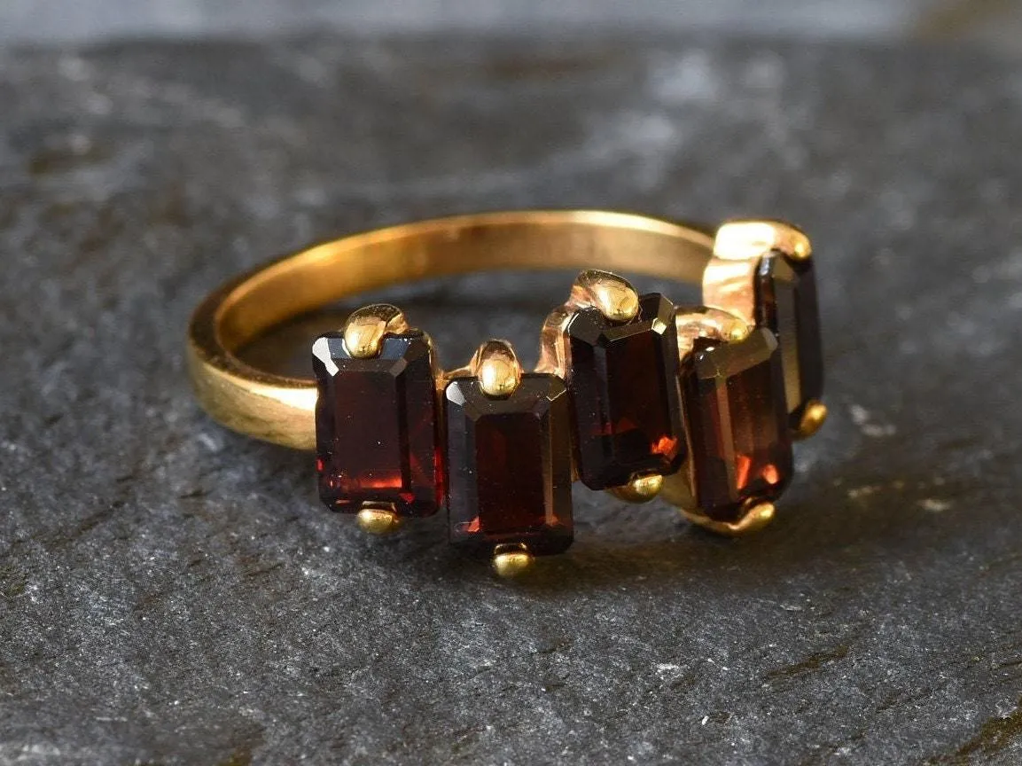 Gold Garnet Ring - Red Baguette Band - Real Garnet Ring