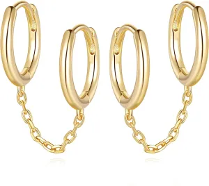Gold Hoop Earrings for Women Double 14K Gold Hoop Earrings Double Piercings Chain Earrings Hypoallergenic Hoops Earrings for Women 13mm/16mm