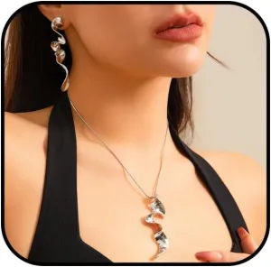 Gold Irregular Jewelry Set for Women Chunky Abstract Asymmetrical Dangle Earrings Melted Liquid Geometric Y Necklace Minimalist Necklace Earrings Set Trendy Twisted Jewelry Accessories
