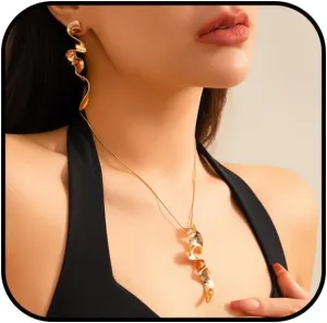 Gold Irregular Jewelry Set for Women Chunky Abstract Asymmetrical Dangle Earrings Melted Liquid Geometric Y Necklace Minimalist Necklace Earrings Set Trendy Twisted Jewelry Accessories