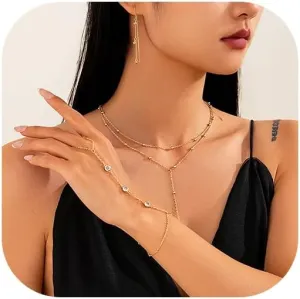 Gold Jewelry Set for Women, Dainty Long Necklace/Y-Shaped Choker Hand Chain Bracelet Dangle Earrings Dainty Cubic Zirconia Earrings, Trendy Gold Jewelry for Women