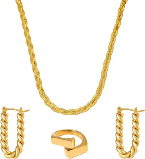 Gold Jewelry Set for Women Formal Elegant, Fashion Costume Jewelry Gold Accessories for Women Adjustable Ring Necklace and Earring Set for Wedding Prom