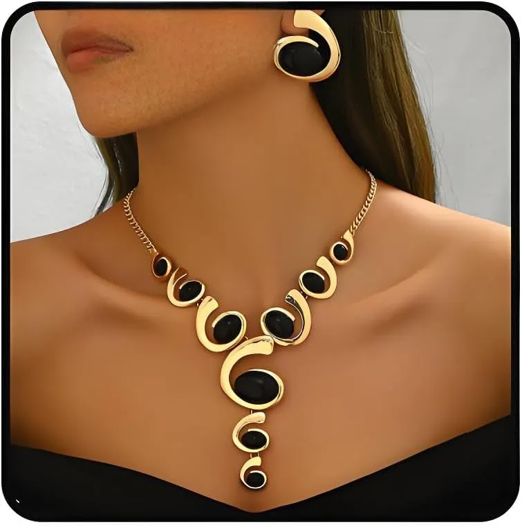 Gold Jewelry Set, Silver Black Boho Western Double Layered Chunky Vintage Pendant Necklace Stack Trendy Adjustable Non Tarnish Bracelet Cowgirl Dainty Hypoallergenic Earrings Jewelry Sets For Women