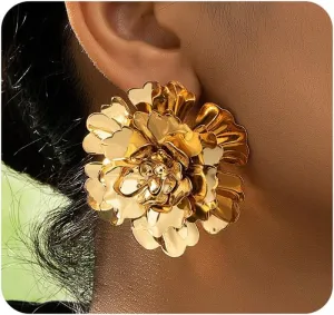 Gold Large Flower Drop Statement Earrings for Women Vintage Exaggerated Floral Petal Stud Dangle Earrings Metal Blooming Earrings Minimalist Jewelry