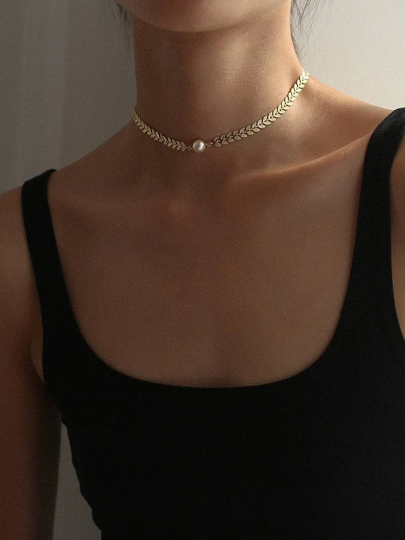 Gold Laurel Leaf Matching Pearl Necklace & Earrings or Full Set