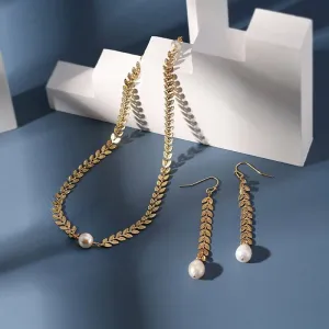 Gold Laurel Leaf Matching Pearl Necklace & Earrings or Full Set