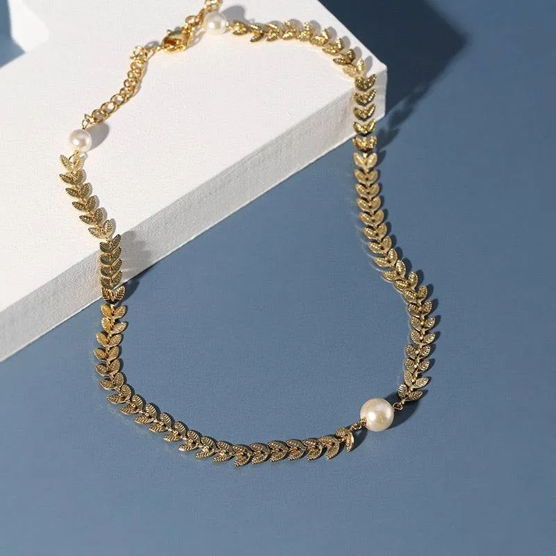 Gold Laurel Leaf Matching Pearl Necklace & Earrings or Full Set