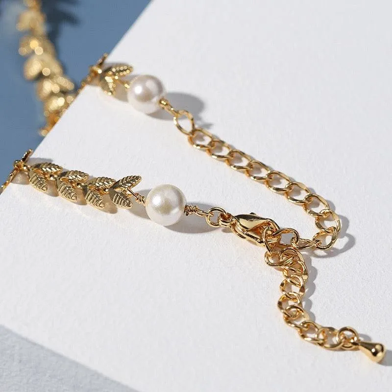 Gold Laurel Leaf Matching Pearl Necklace & Earrings or Full Set