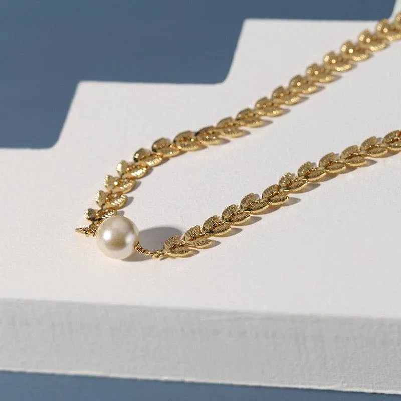 Gold Laurel Leaf Matching Pearl Necklace & Earrings or Full Set