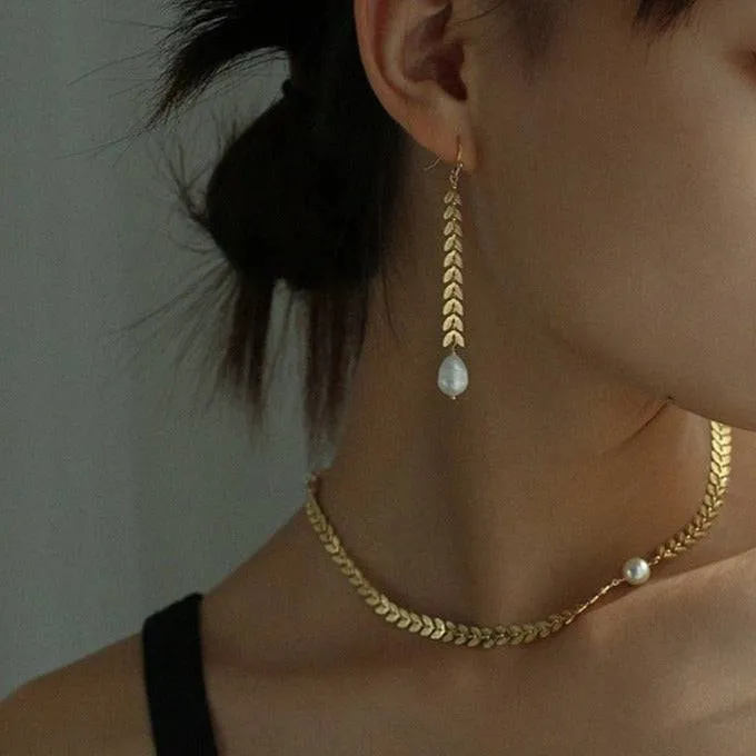 Gold Laurel Leaf Matching Pearl Necklace & Earrings or Full Set