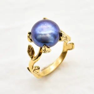 Gold Pearl Ring - Black Pearl Ring - Vintage Leaf Ring