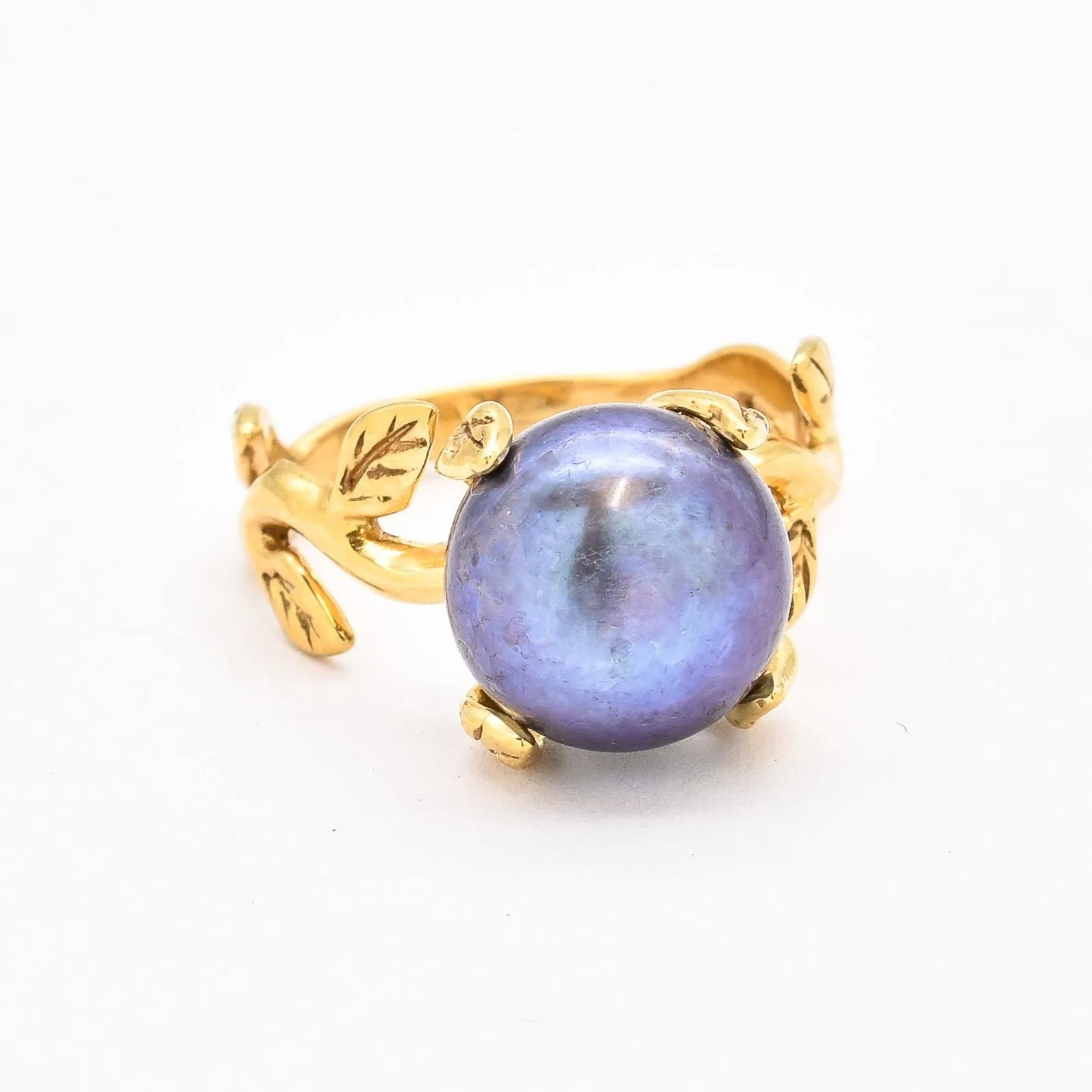Gold Pearl Ring - Black Pearl Ring - Vintage Leaf Ring
