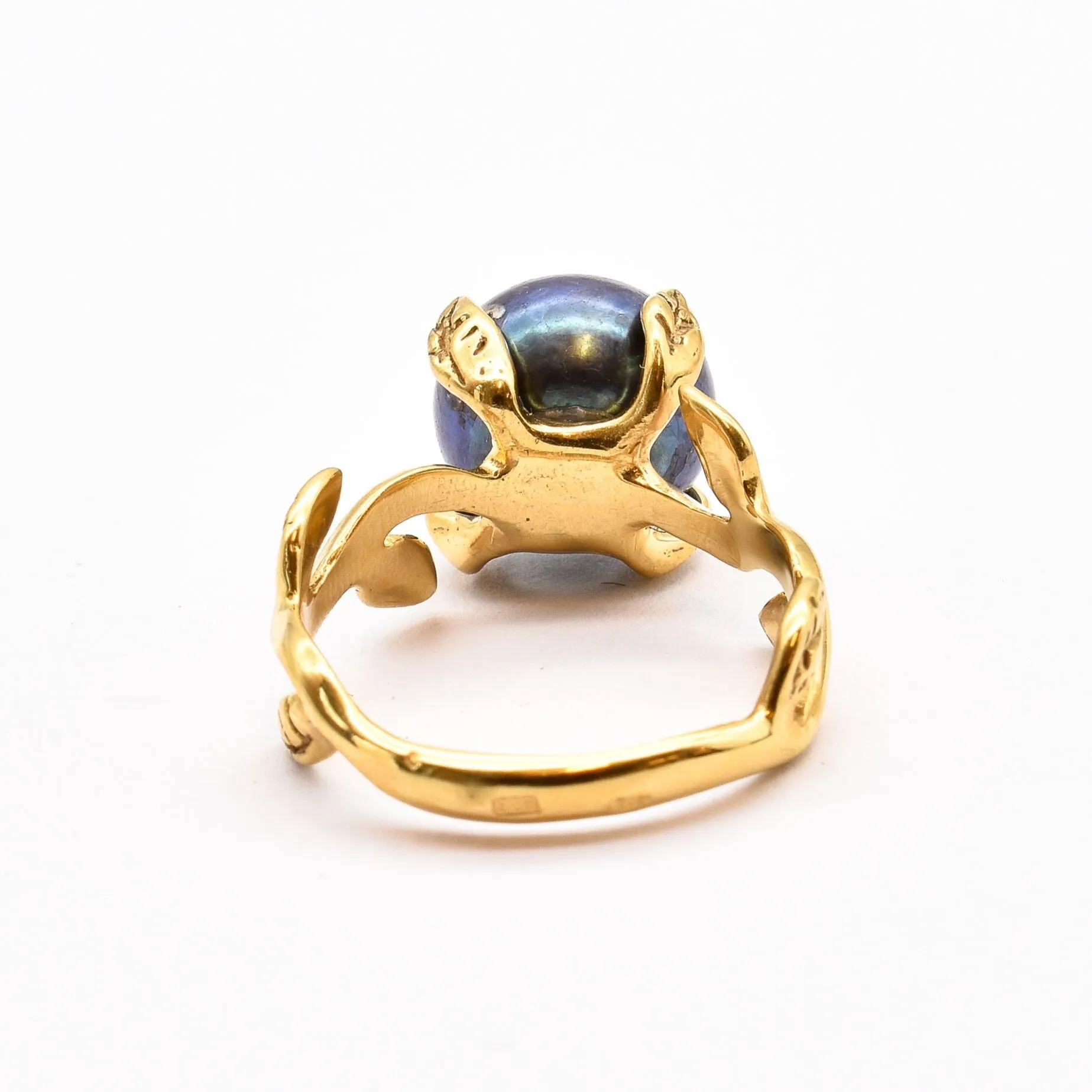 Gold Pearl Ring - Black Pearl Ring - Vintage Leaf Ring