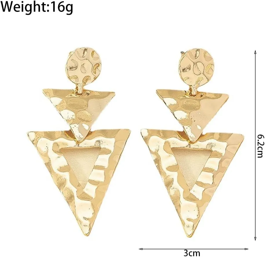 Gold Plated Geometric Hammered Dangle Earrings for Women,Exaggerated Round Triangle Large Chunky Earrings,Minimalism Statement Jewelry Gifts