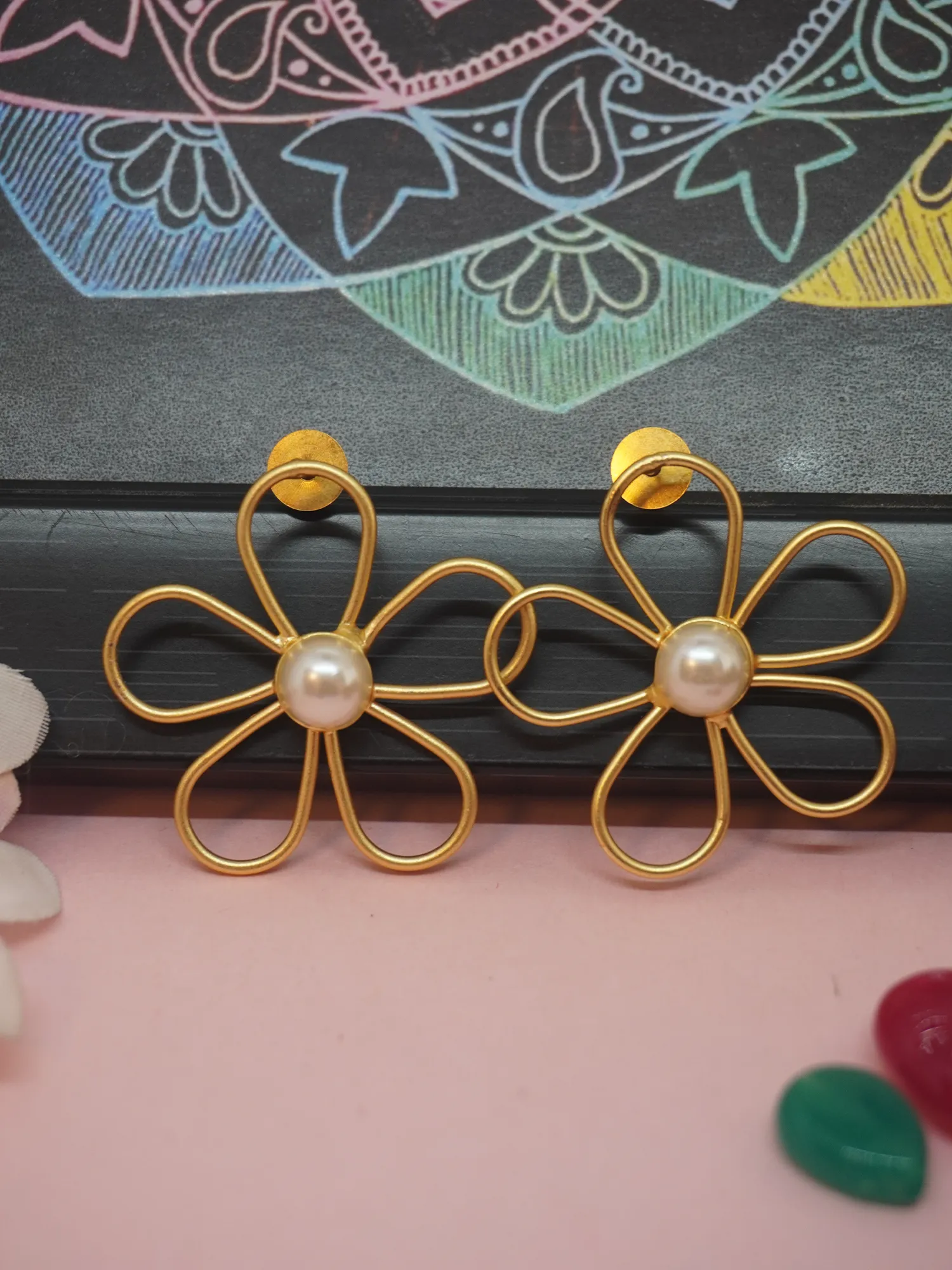 Gold-Plated Matte Floral Earrings with Faux Pearl