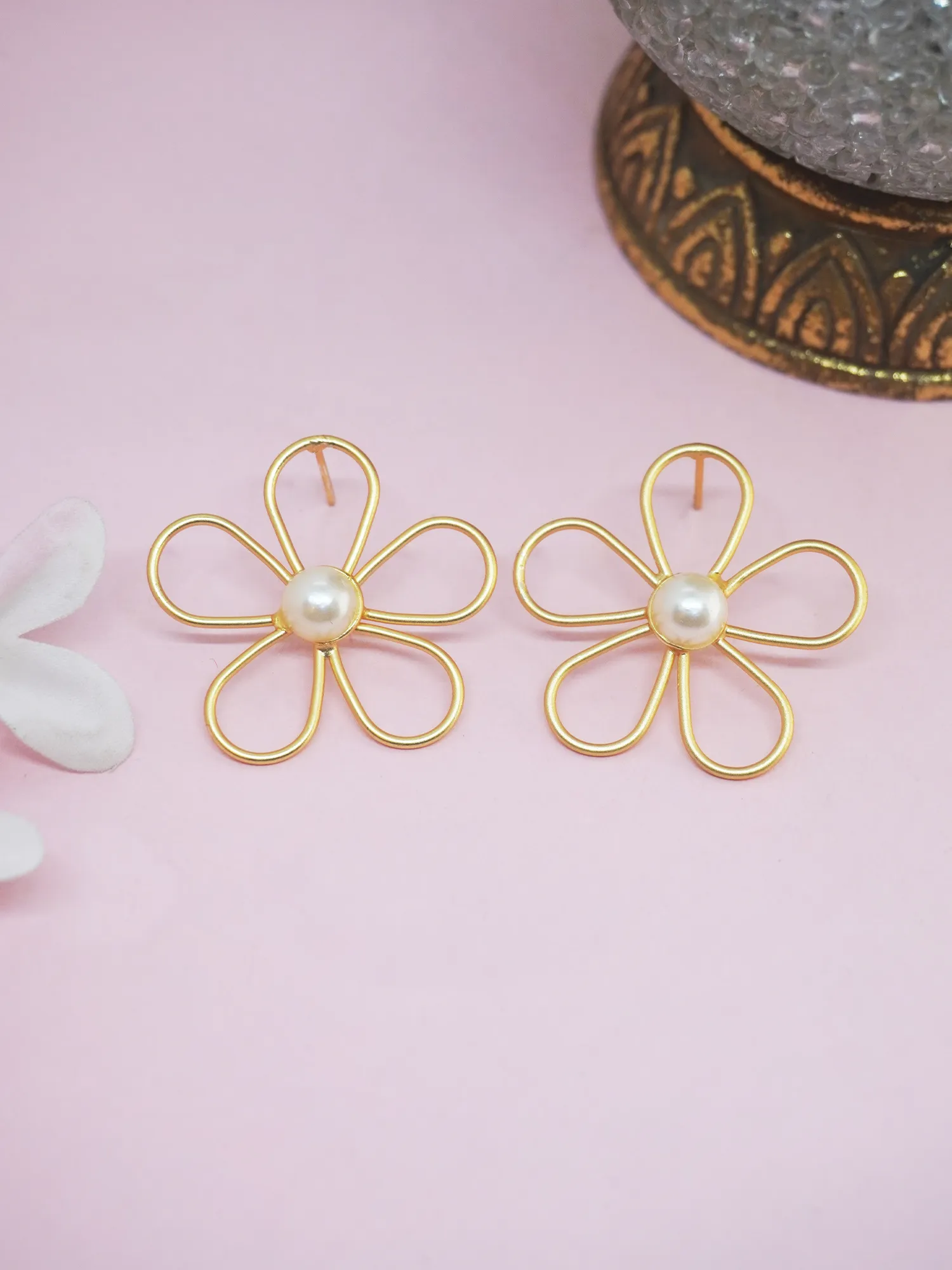 Gold-Plated Matte Floral Earrings with Faux Pearl
