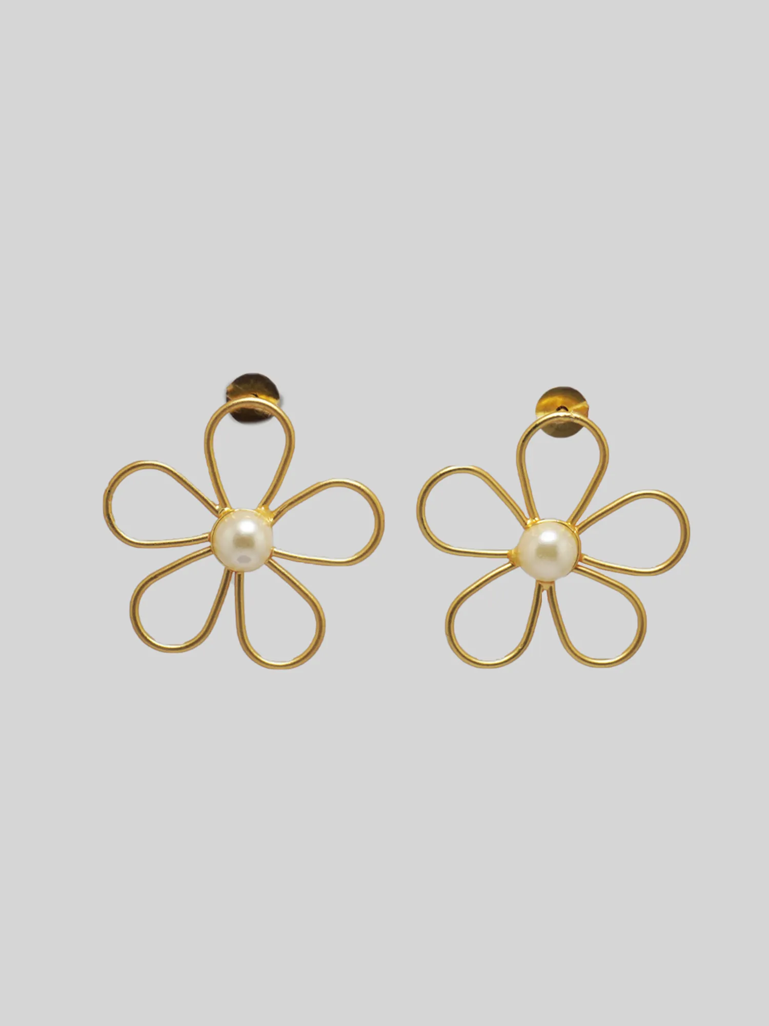 Gold-Plated Matte Floral Earrings with Faux Pearl
