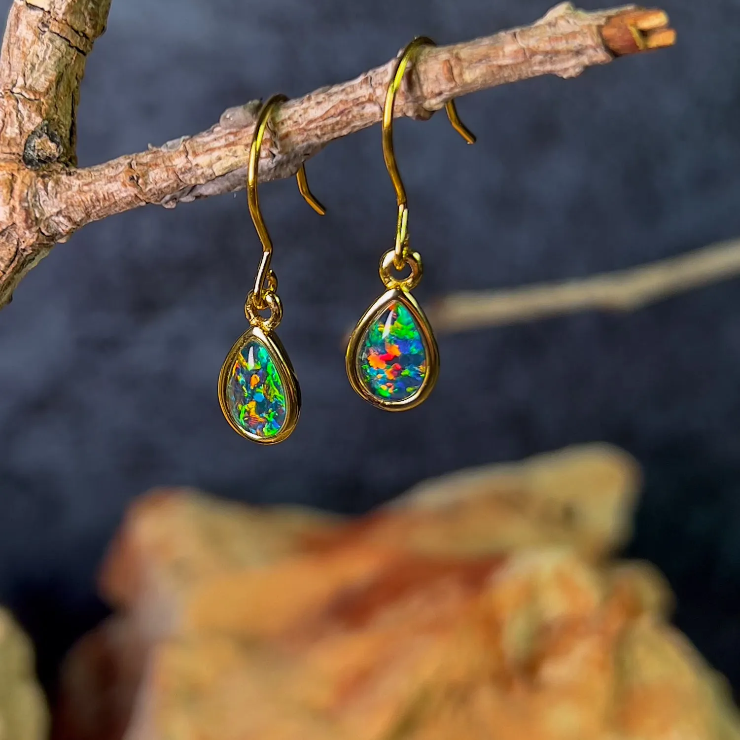 Gold Plated pear shape dangling silver earrings with Opal triplets 8x6mm