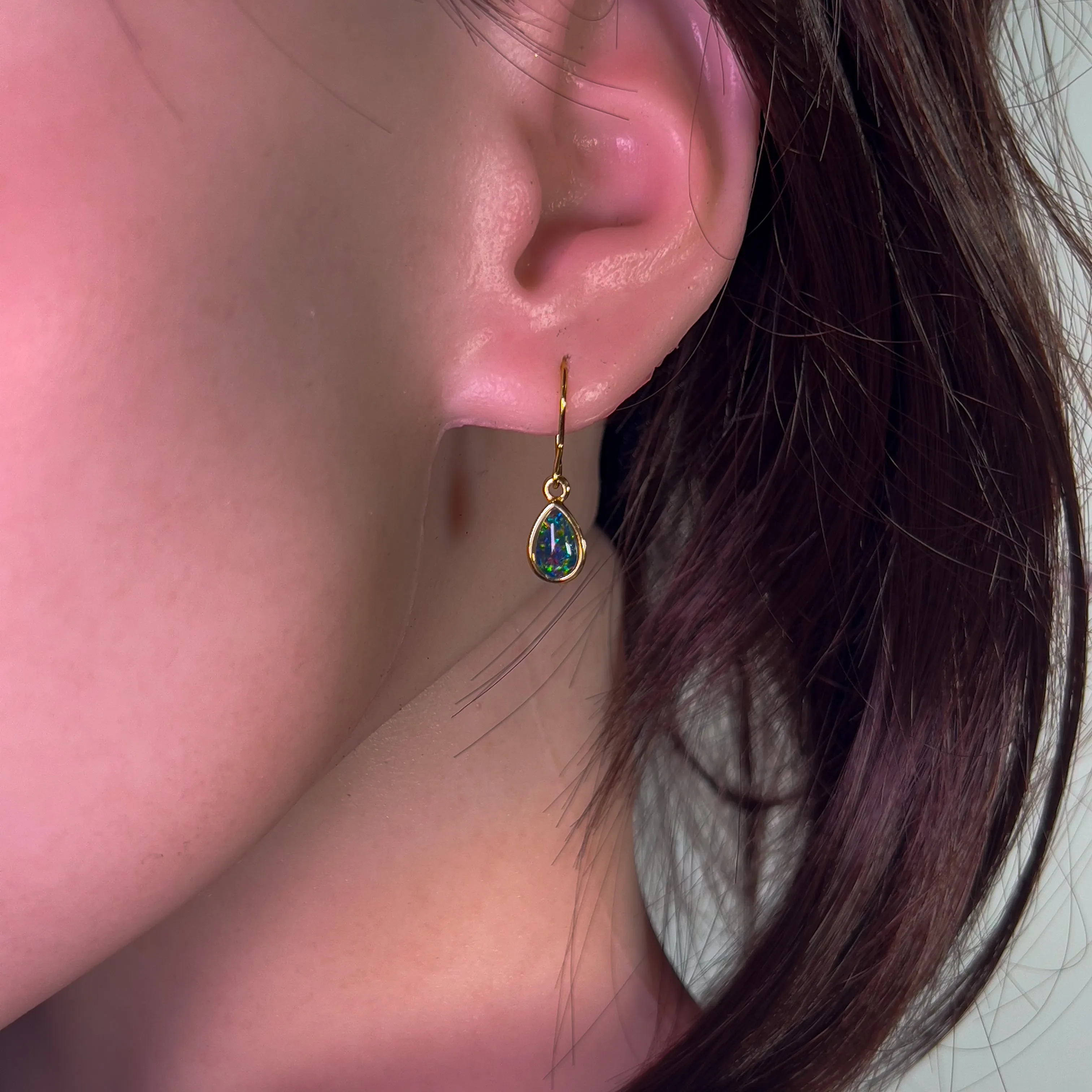 Gold Plated pear shape dangling silver earrings with Opal triplets 8x6mm