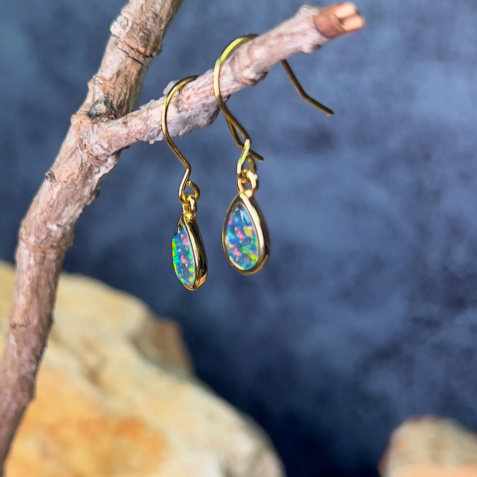 Gold Plated pear shape dangling silver earrings with Opal triplets 8x6mm