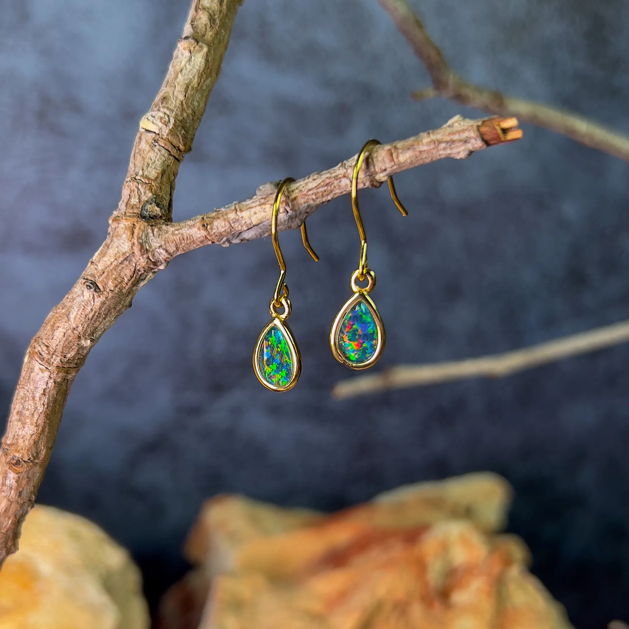Gold Plated pear shape dangling silver earrings with Opal triplets 8x6mm