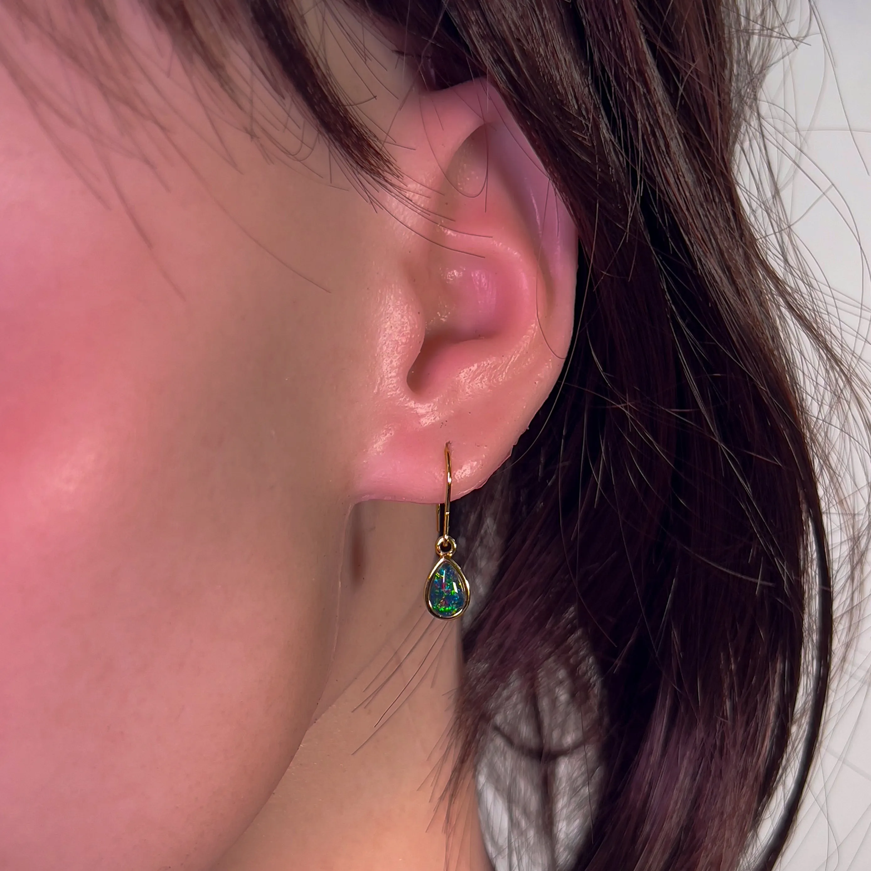 Gold Plated pear shape dangling silver earrings with Opal triplets 8x6mm