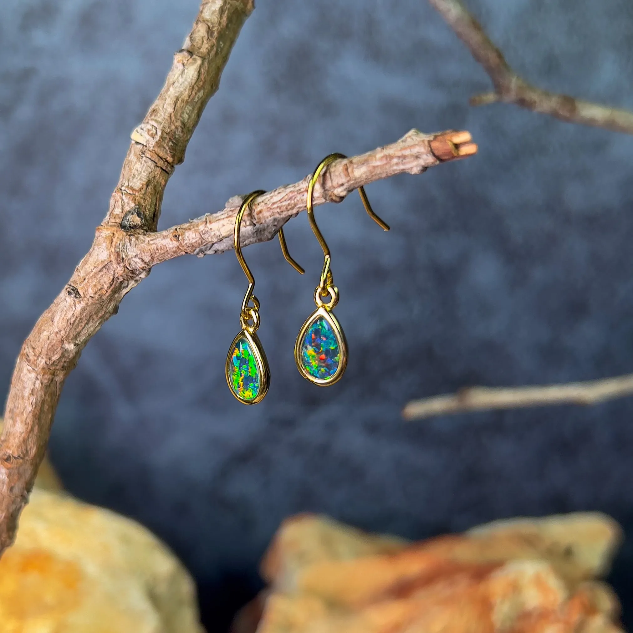 Gold Plated pear shape dangling silver earrings with Opal triplets 8x6mm