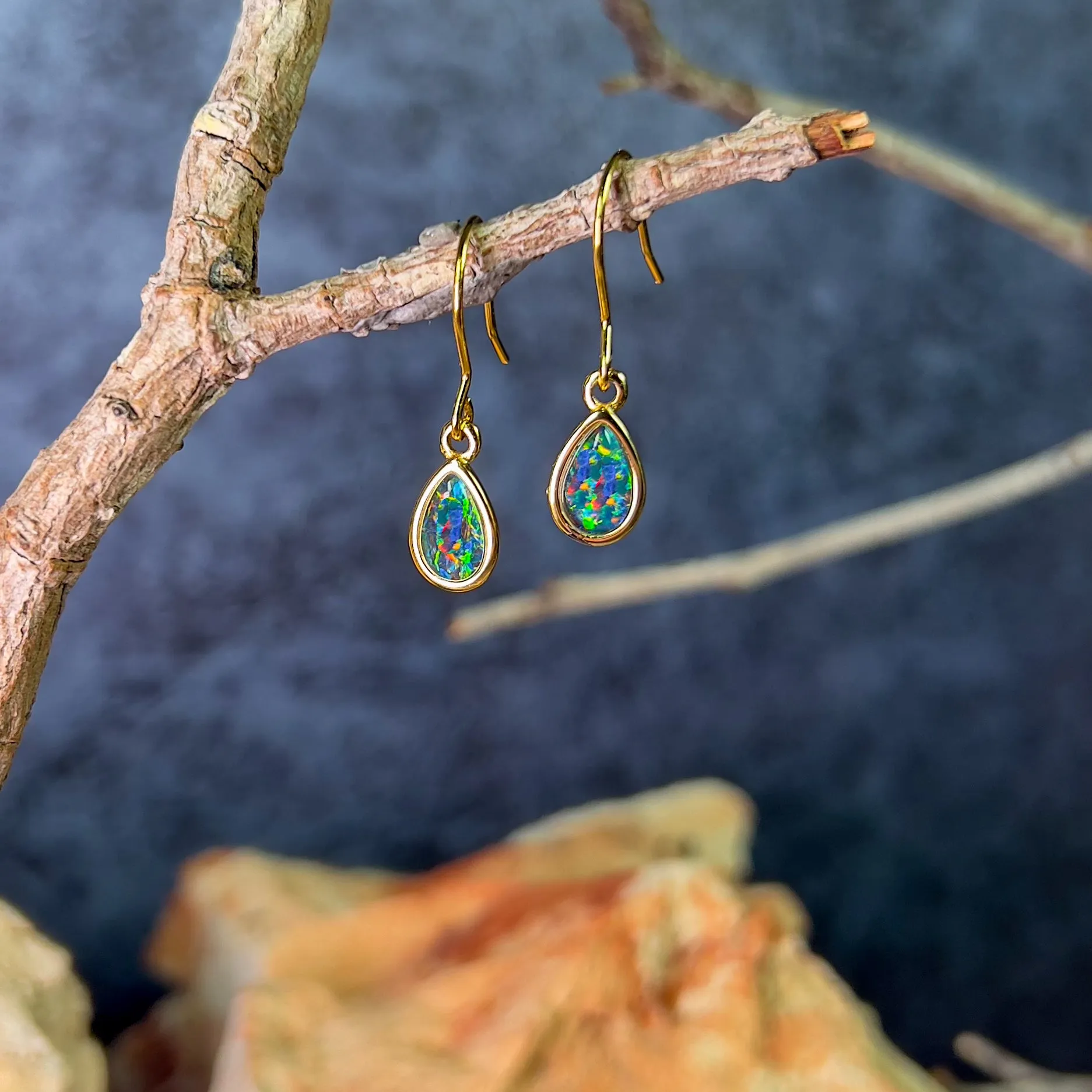 Gold Plated pear shape dangling silver earrings with Opal triplets 8x6mm