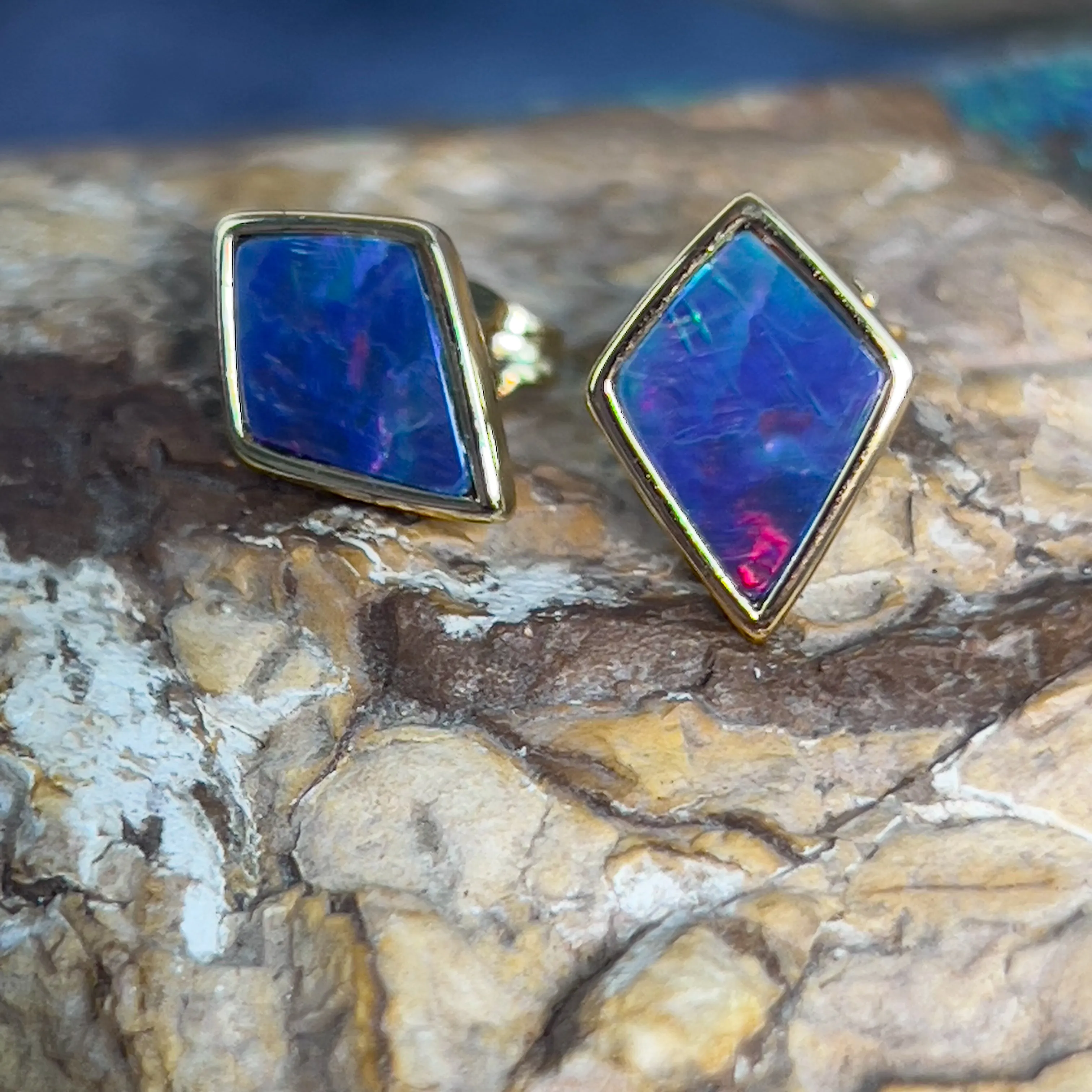 Gold plated silver diamond shape Opal doublet earring studs