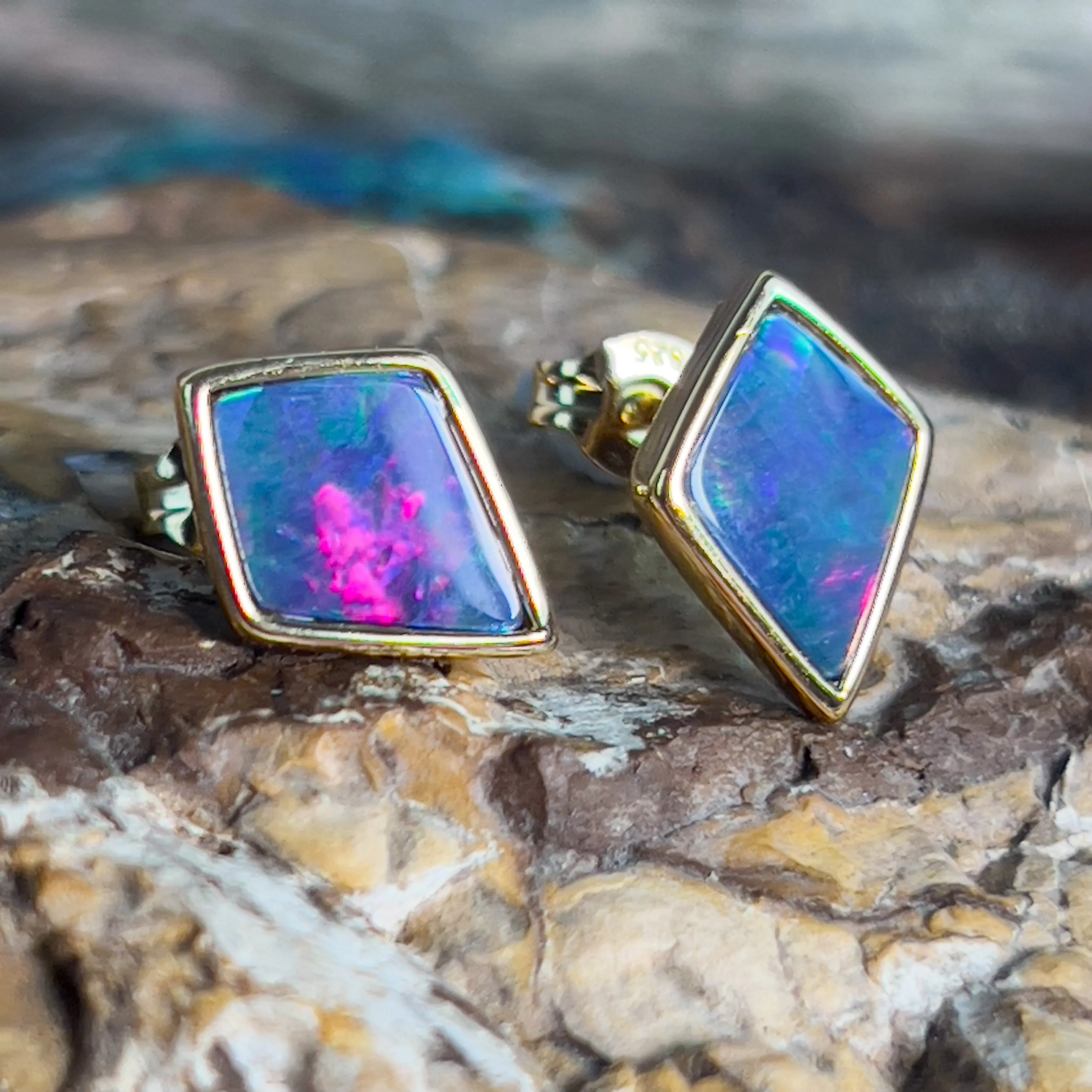 Gold plated silver diamond shape Opal doublet earring studs